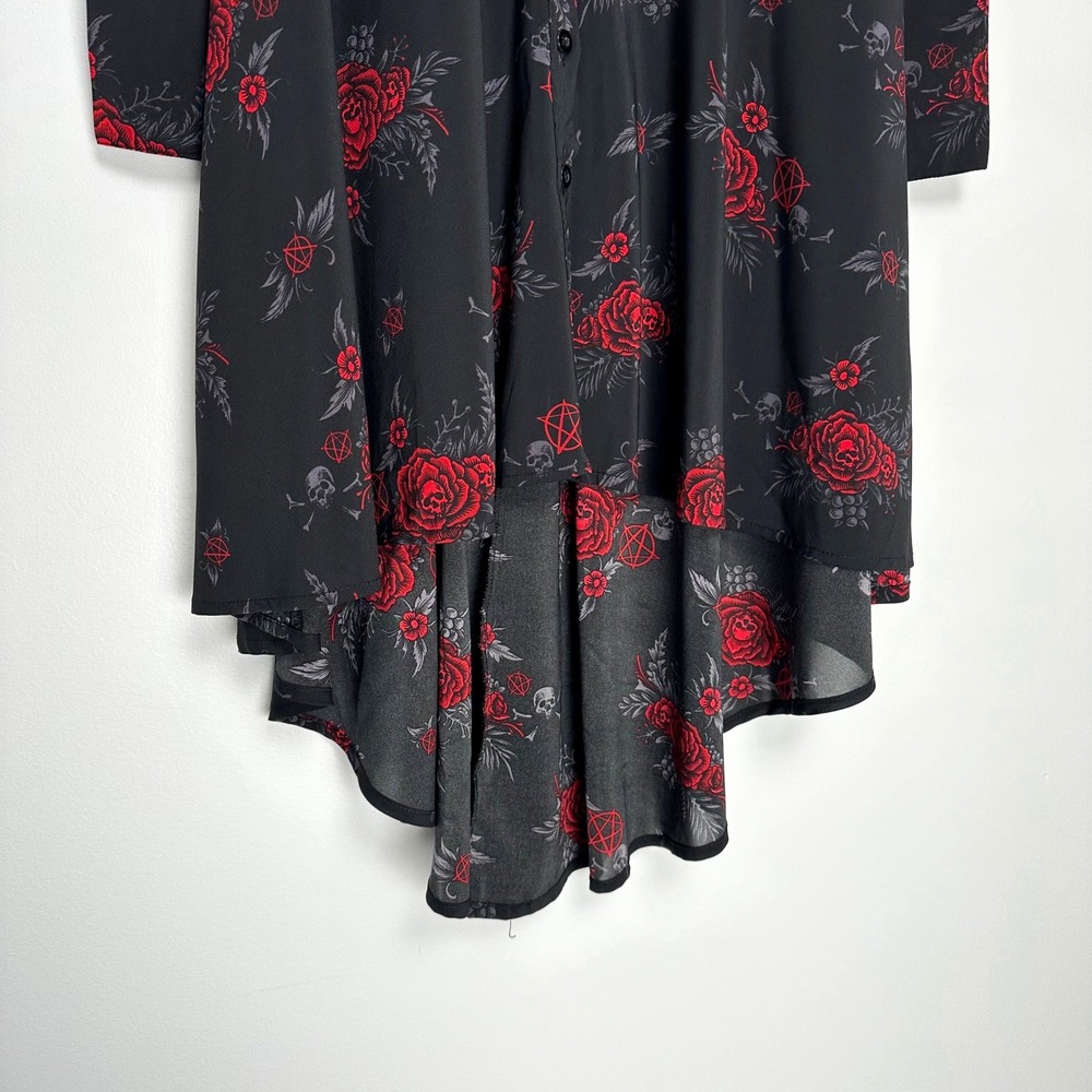 Killstar Red Rose Skull Pentagram High Low Midi Dress Pandora Shirt Dress L - Picture 6 of 11